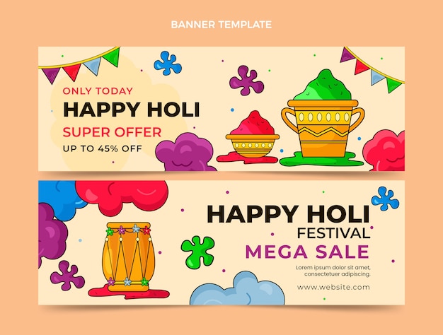 Hand drawn holi horizontal banners set