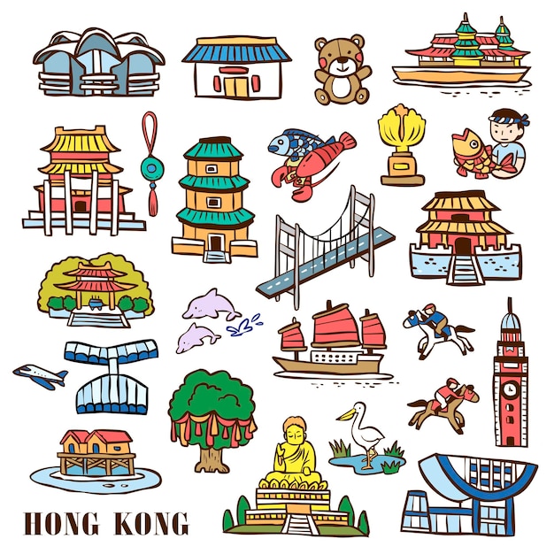  hand drawn Hong Kong travel elements collection