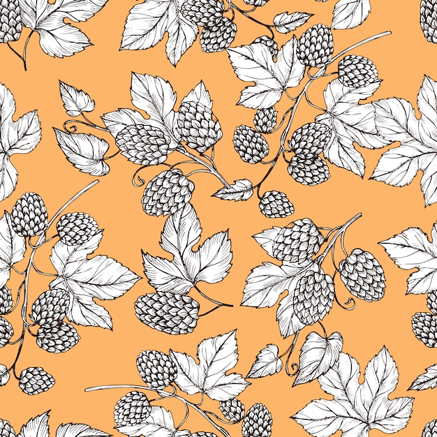 Hand drawn hop and foliage seamless pattern