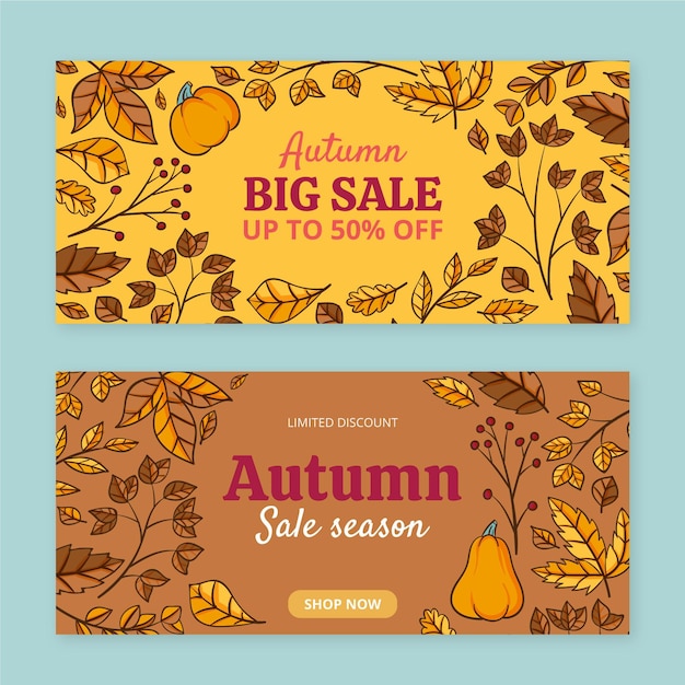 Hand drawn horizontal autumn sale banners set