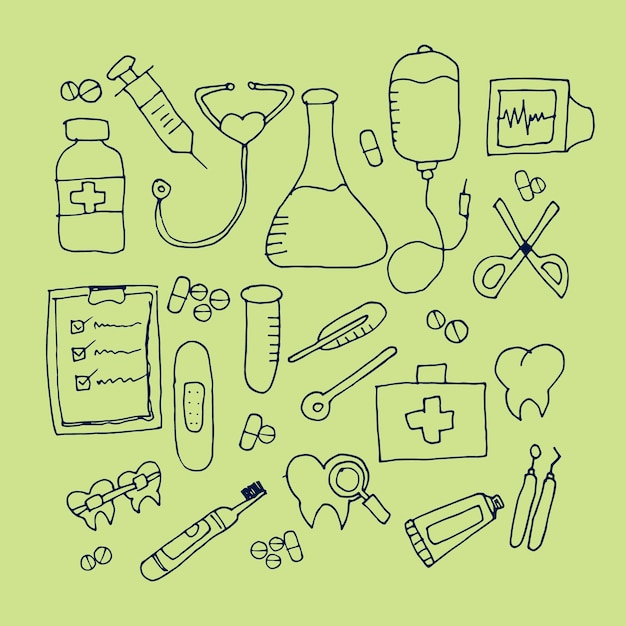 hand drawn hospital tools doodles