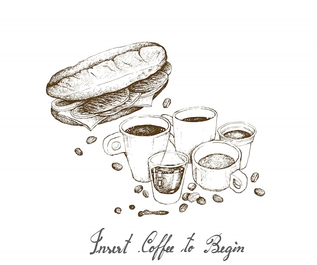 Hand Drawn of Hot Coffee with Baguette Sandwich