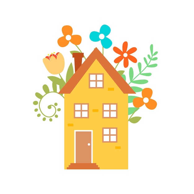 Vector hand drawn house surrounded by flowers. vector illustration for design postcards.