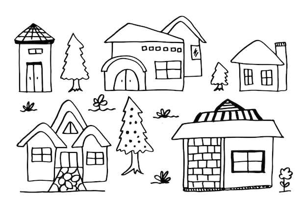 Hand drawn house and trees vector set.