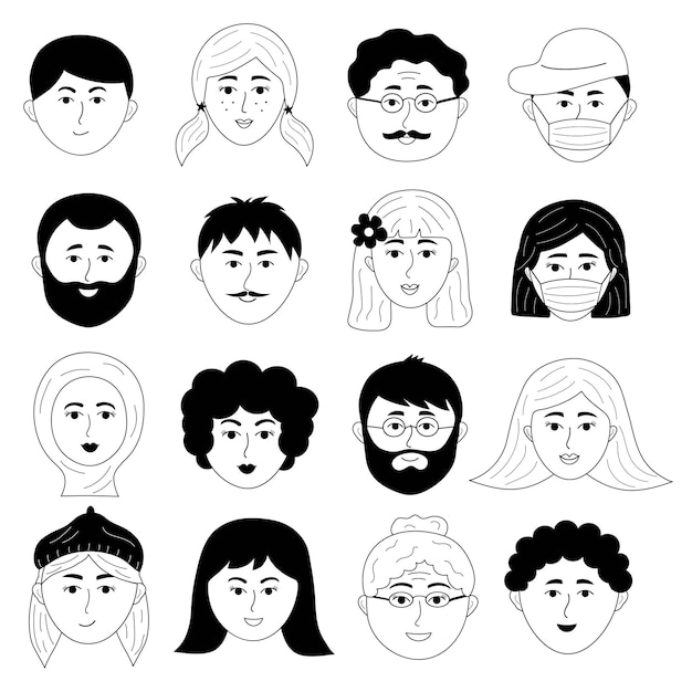 Hand drawn human faces doodle set People avatars of different sex nationality age