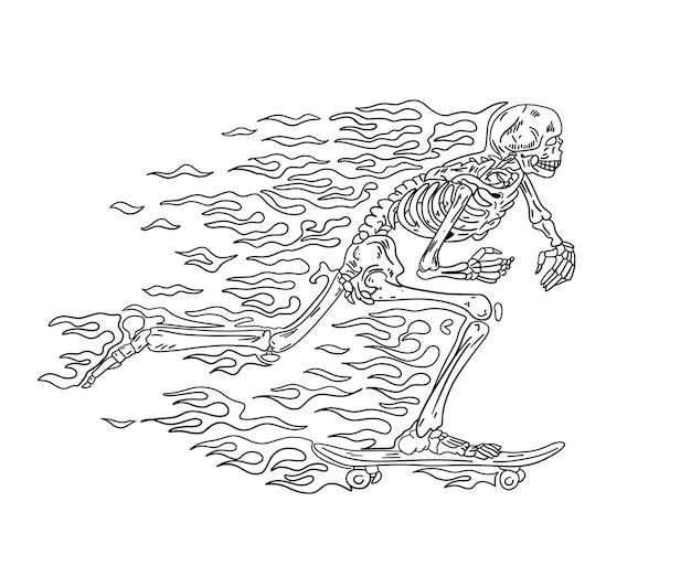 Hand drawn human skeleton riding a skateboard