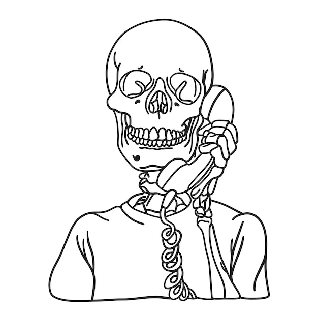 Hand drawn human skeleton talking on the phone