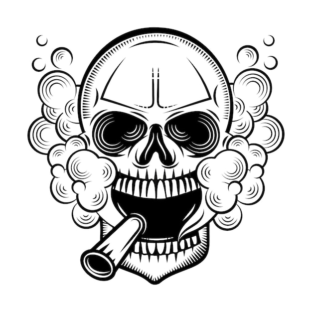 Hand drawn human skull smoking cigar and wearing sunglasses on background Vector