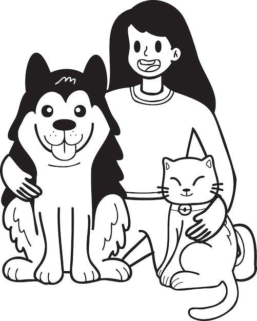 Hand Drawn husky Dog with cat and owner illustration in doodle style