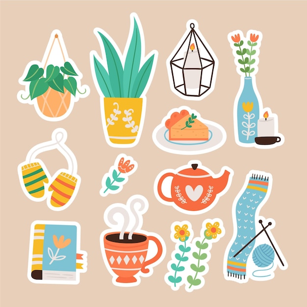 Hand drawn hygge stickers collection