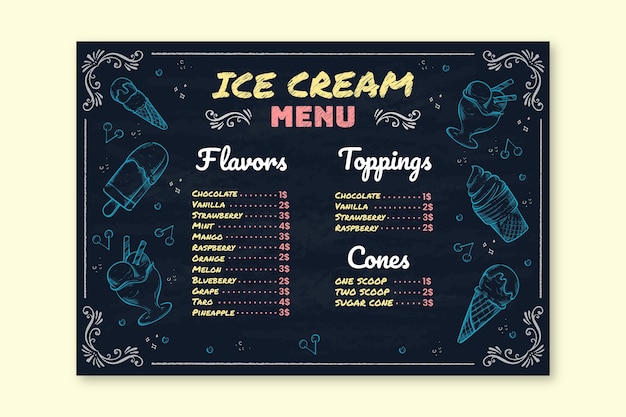 Hand drawn ice cream blackboard menu template