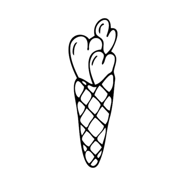 Hand drawn ice cream waffle in the shape of hearts isolated on a white background