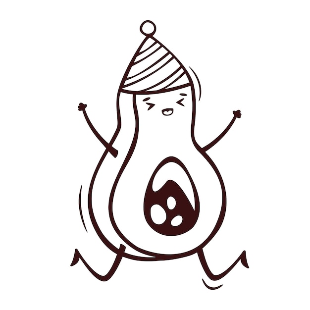 Hand drawn icon of cute kawaii avocado in party hat in doodle style.