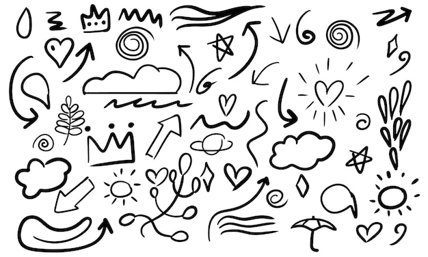 Hand drawn icon draft leaf and arrow or heart Abstract pencil branch black and doodle collection