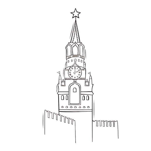 Hand drawn icon of Kremlin in Moscow in doodle style isolated on white background