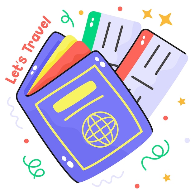 Hand drawn icon of passport in modern style traveling pass and documents