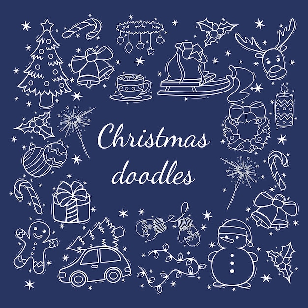 Hand drawn icon set of Christmas decorations in doodle style Christmas and New Years doodles