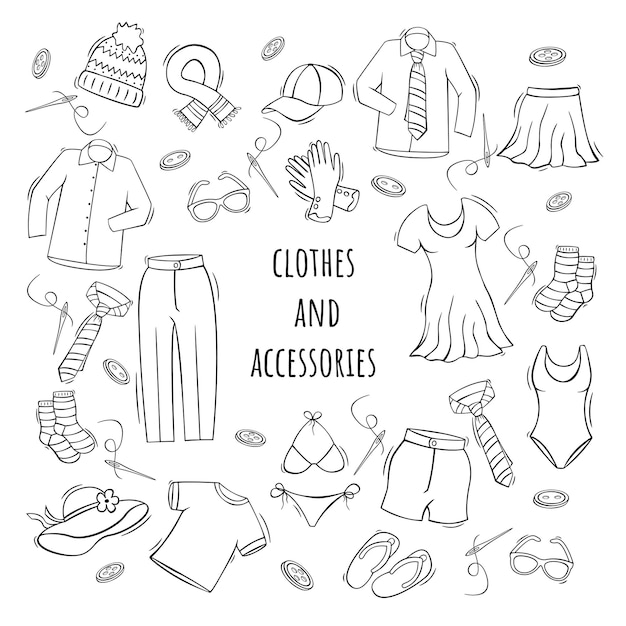 Hand drawn icons set of clothes and accessories in doodle sketch style Vector illustration for icon