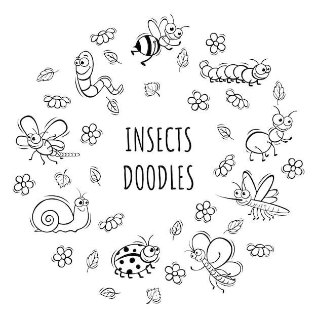 Hand drawn icons set of cute insect in doodle sketch style