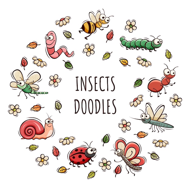 Hand drawn icons set of cute insect in doodle sketch style