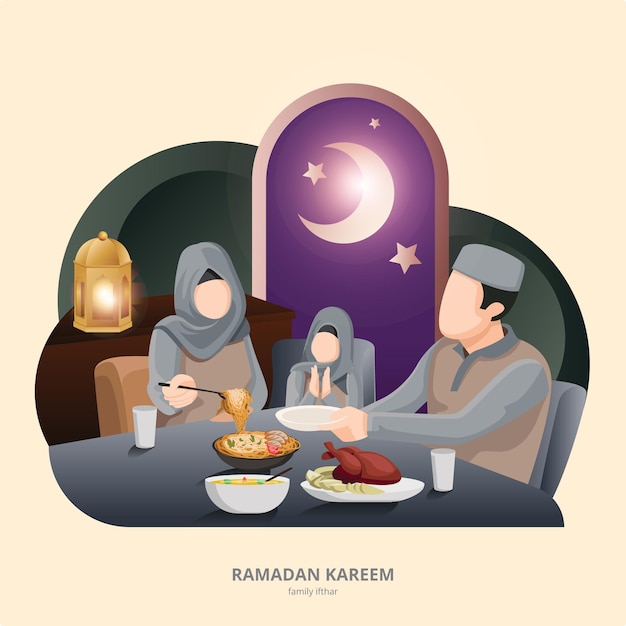 Vector hand drawn iftar illustration family eating together