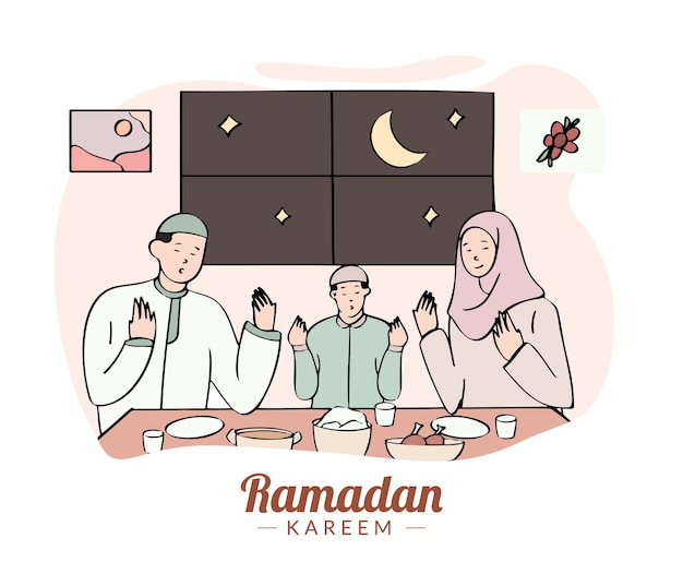 Hand drawn iftar illustration with muslim family having a meal