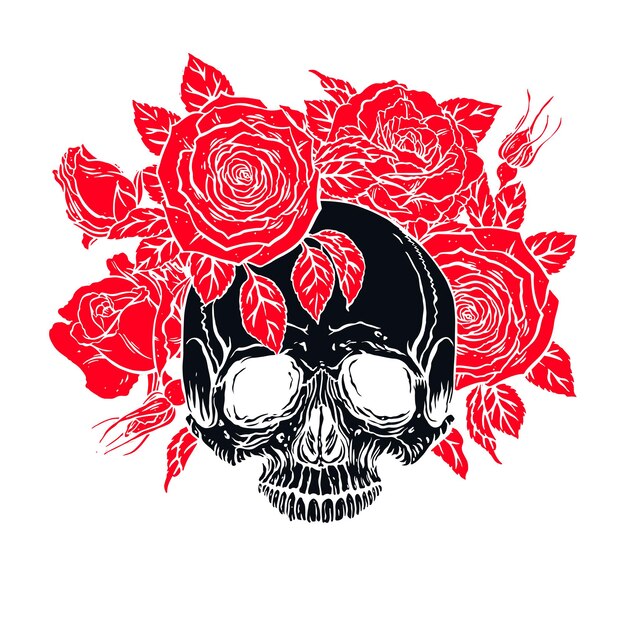 Vector hand drawn illustration of anatomy human skull with a lower jaw and roses wreath