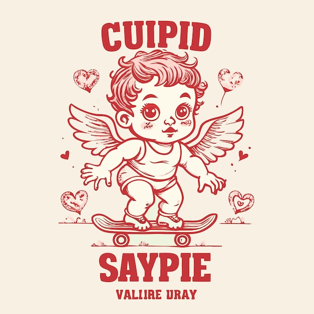 Vector hand drawn illustration of baby cupid angle with skateboard or weapon or skate retro vintage style