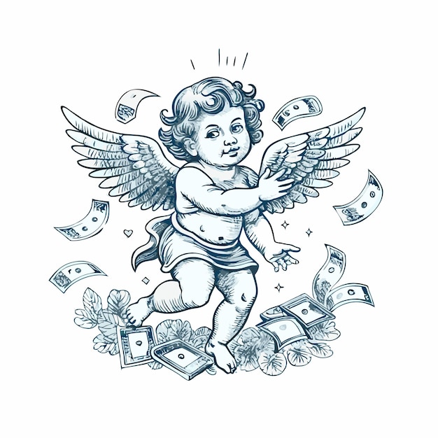 hand drawn illustration of baby cupid angle with skateboard or weapon or skate retro vintage style