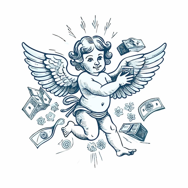 hand drawn illustration of baby cupid angle with skateboard or weapon or skate retro vintage style