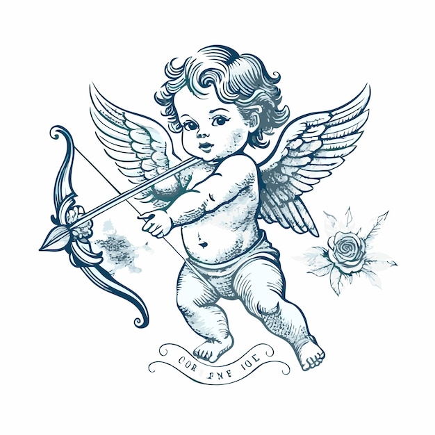 hand drawn illustration of baby cupid angle with skateboard or weapon or skate retro vintage style