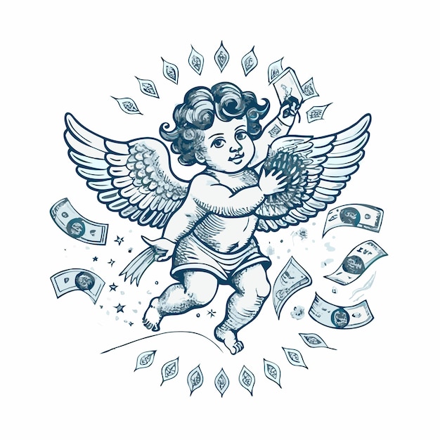 hand drawn illustration of baby cupid angle with skateboard or weapon or skate retro vintage style