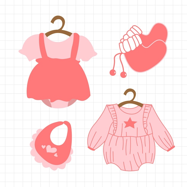 Hand drawn illustration of baby girl clothes