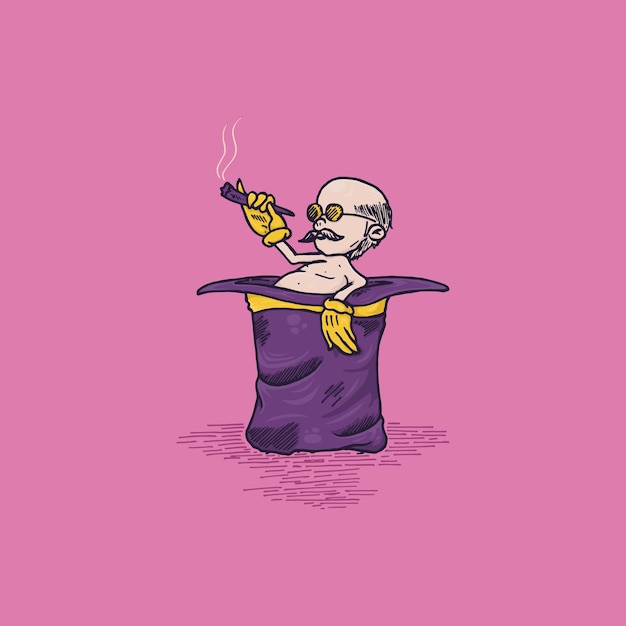 Hand drawn illustration of bald man in magic hat with cigarette on pink background