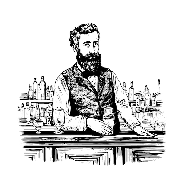 Hand drawn illustration of bartender in engraved style isolated on white background