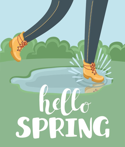 Hand drawn illustration of boots and Hello Spring lettering