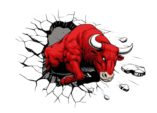 Vector hand drawn illustration of bull smashing through a wall