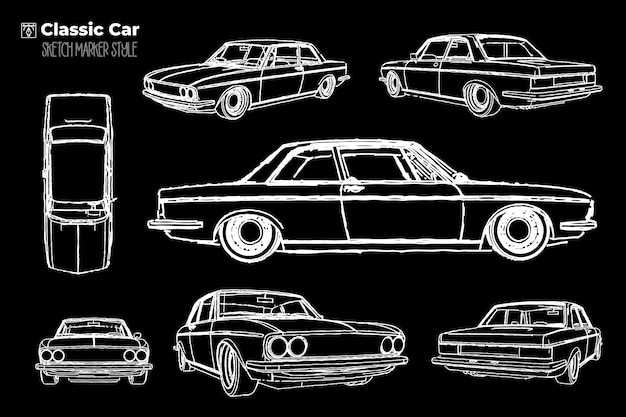 Hand drawn illustration classic car car with marker strokes