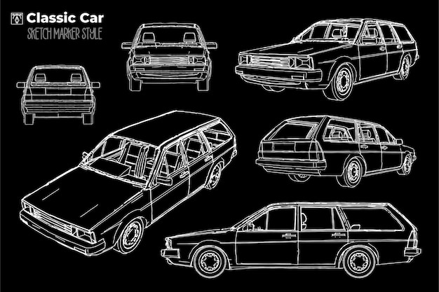 Hand drawn illustration of classic car wagon in marker strokes style