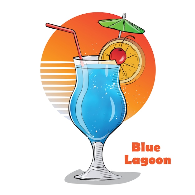 Hand drawn illustration of cocktail. Blue Lagoon.