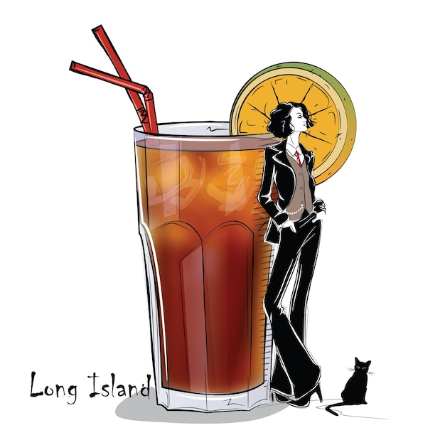 Hand drawn illustration of cocktail with girl. Long Island. Vector illustration