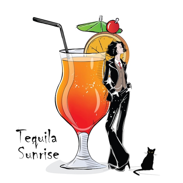 Hand drawn illustration of cocktail with girl. Tequila Sunrise. Vector illustration