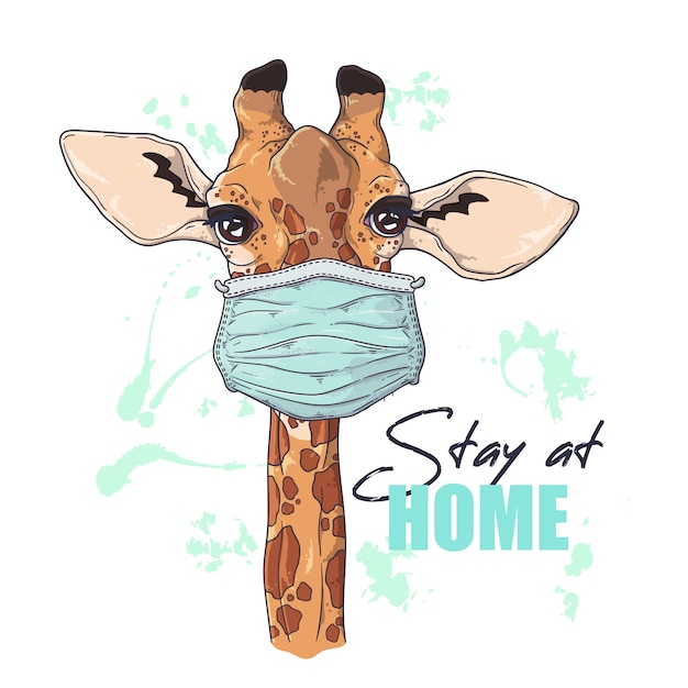 Hand drawn illustration of the cute giraffe in a medical mask 