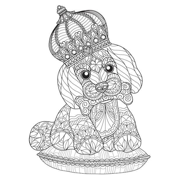 Hand drawn illustration of cute puppy in zentangle style 