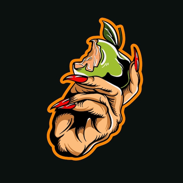 Hand drawn illustration of a devil hand holding an apple vector design