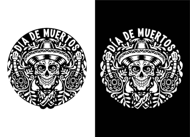  hand drawn illustration of dia de muertos, isolated on dark and bright background