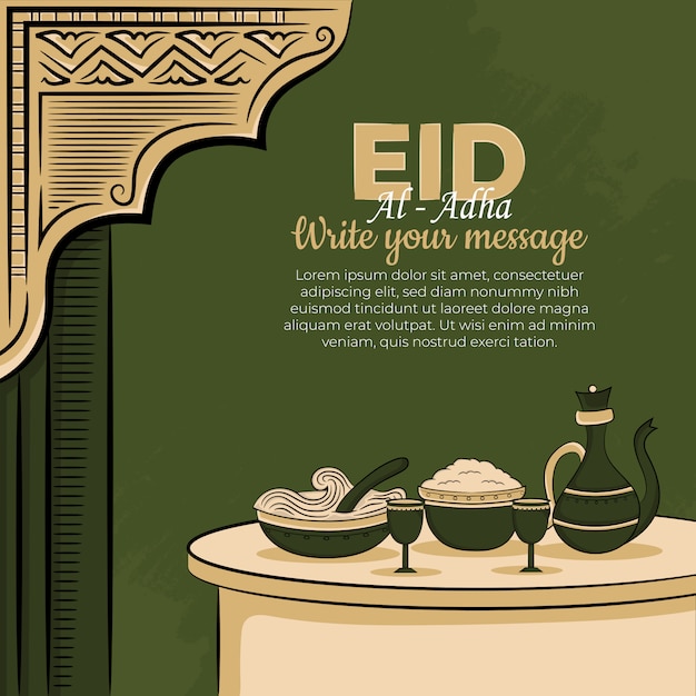 Hand drawn illustration of Eid al adha or Qurban days greeting concept on green background.