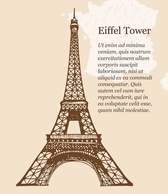 Vector hand drawn illustration of eiffel tower in paris on beige background