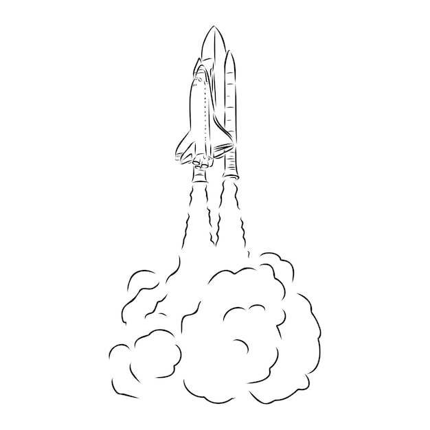 Hand drawn illustration of a geometric space shuttle Design in dot art style with engraved elements Sketch isolated on vintage background Space rocket launch Concept for start up release etc