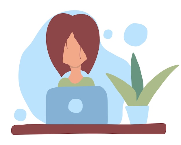 Hand-drawn illustration of a girl at a laptop. The girl works as a freelancer. Vector illustration